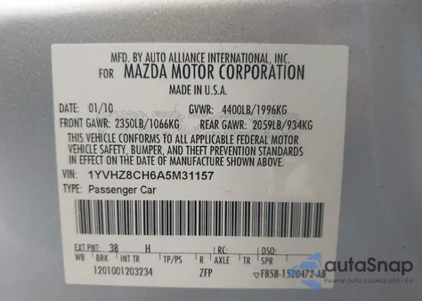 2010 Mazda Mazda6 I Touring из США, поврежденный, VIN 1YVHZ8CH6A5M31157